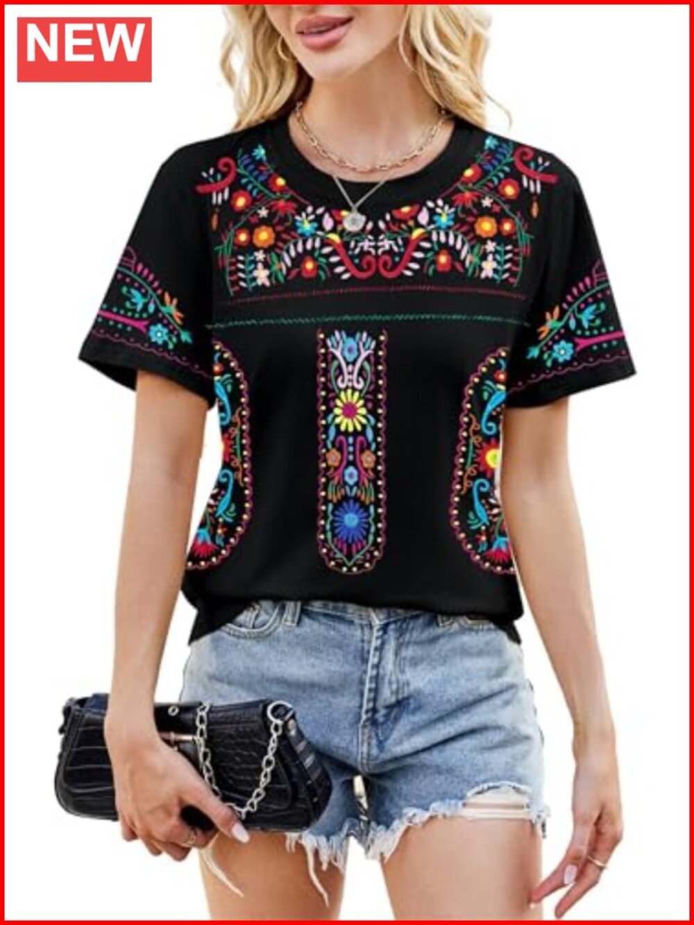 Mexican Embroidered Peasant Blouse Short Sleeve Crew Neck Pull On